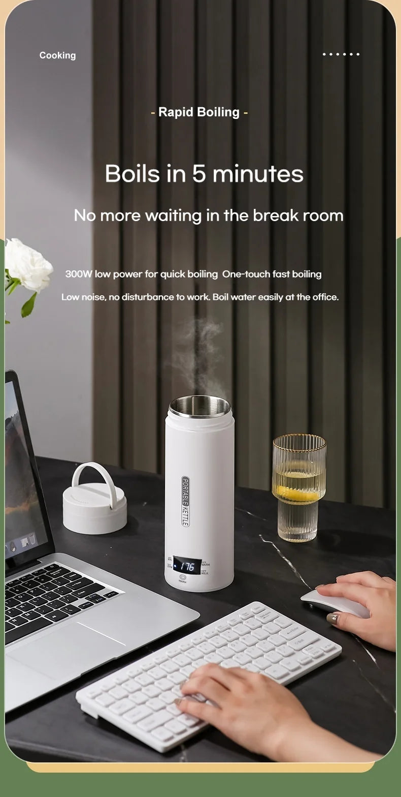 Hervidor Eléctrico Portátil de 450 ml, Taza Térmica para Té y Café, Hervidor de Agua de Viaje, Botella de Agua Anti-Escaldaduras, Menú en Inglés