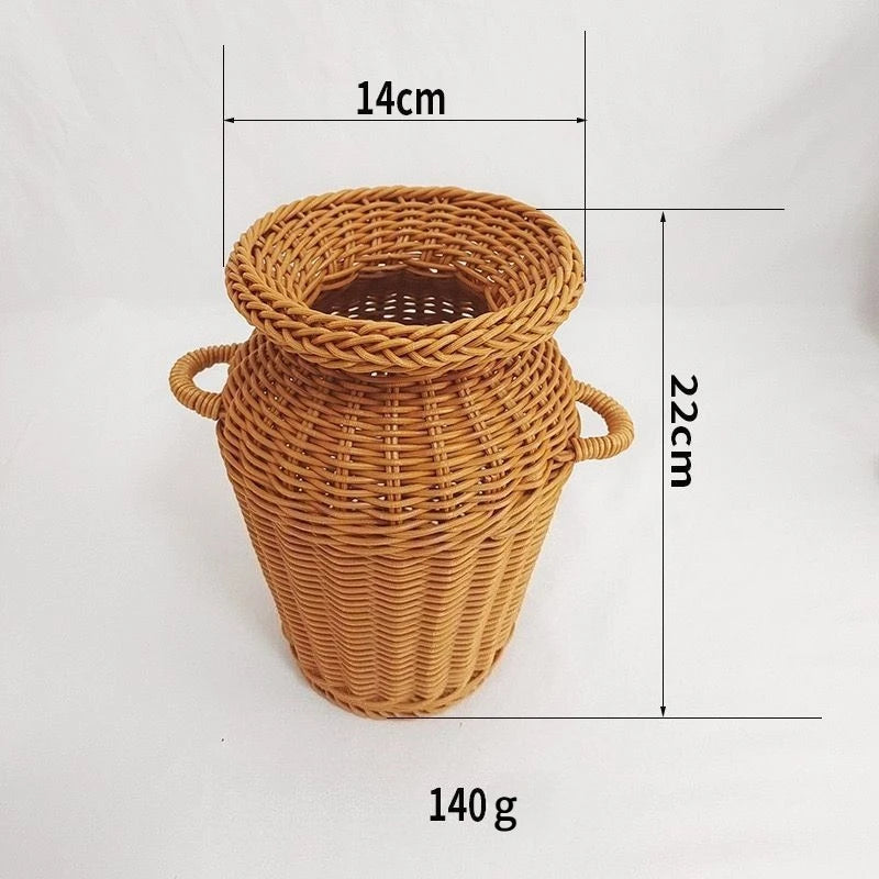 Jarrón de Ratán Tejido a Mano con Asas, Estilo Boho, Maceta Decorativa para Arreglos Florales de Interior y Decoración del Hogar