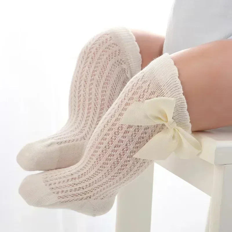 Calcetines hasta la rodilla para bebé de 0 a 36M, calcetines largos hasta la rodilla de malla de algodón con lazo grande para niño pequeño, calcetines largos de princesa para niña 2025