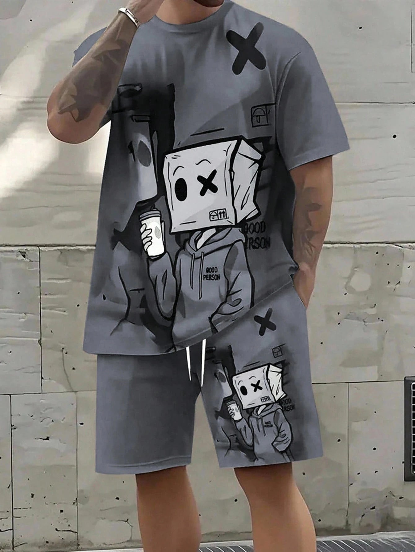 Conjunto Deportivo Casual de Verano para Hombre, Estilo Holgado, Moderno, con Estampado de Grafiti, Cuello Redondo, Manga Corta, Dos Piezas con Pantalones Cortos