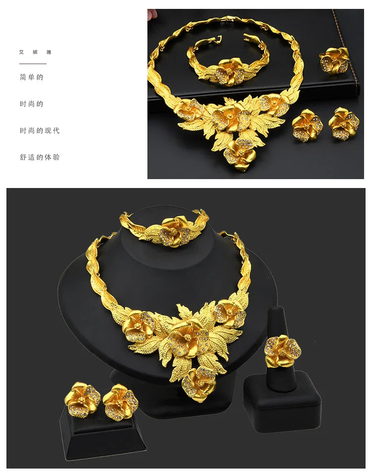 Juego de joyería nupcial de lujo en oro 24k Au999 para novias africanas y mujeres saudíes, collar, pulsera, aretes y anillo, 4 piezas, regalo.