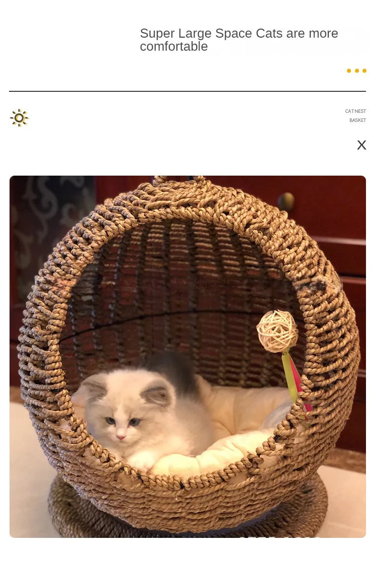Hamaca semicerrada para mascotas, jaula redonda colgante para gatos, cesta de ratán para verano