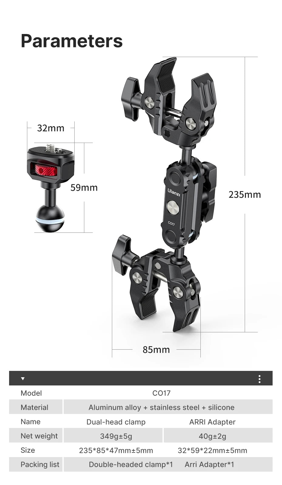 Ulanzi-abrazadera CO17 para Go Pro 11, 10, 9, 8, 7, 6, Insta360, brazo mágico, grabación de vídeo, Vlog de viaje