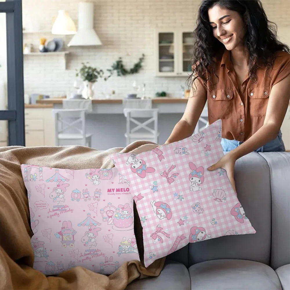 Sanrios-fundas de almohada rosa My Melody, sofá decorativo de dibujos animados para el hogar, estampado de doble cara, cojín bonito de felpa corto, nueva funda