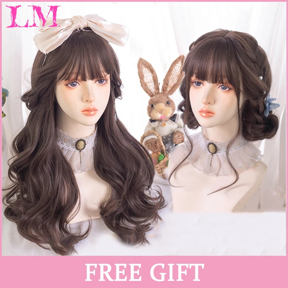 LM Rubio sintético Ombre mezclado rosa Rubio largo ondulado pelucas con flequillo Cosplay fiesta uso fibra resistente al calor para mujeres