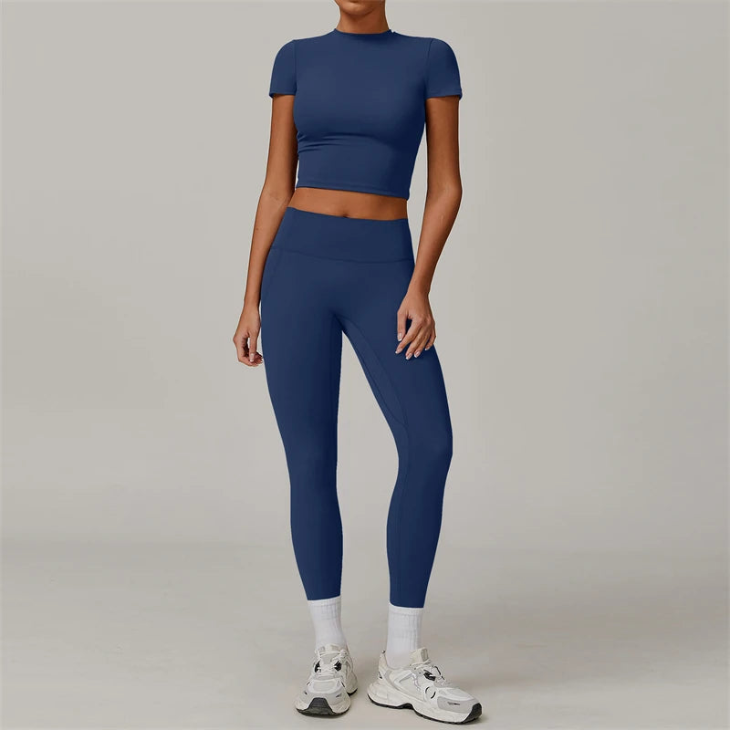 Conjunto de Yoga de 2 piezas para mujer, ropa deportiva de entrenamiento, ropa de gimnasio, Top corto de manga corta, mallas de cintura alta, trajes deportivos