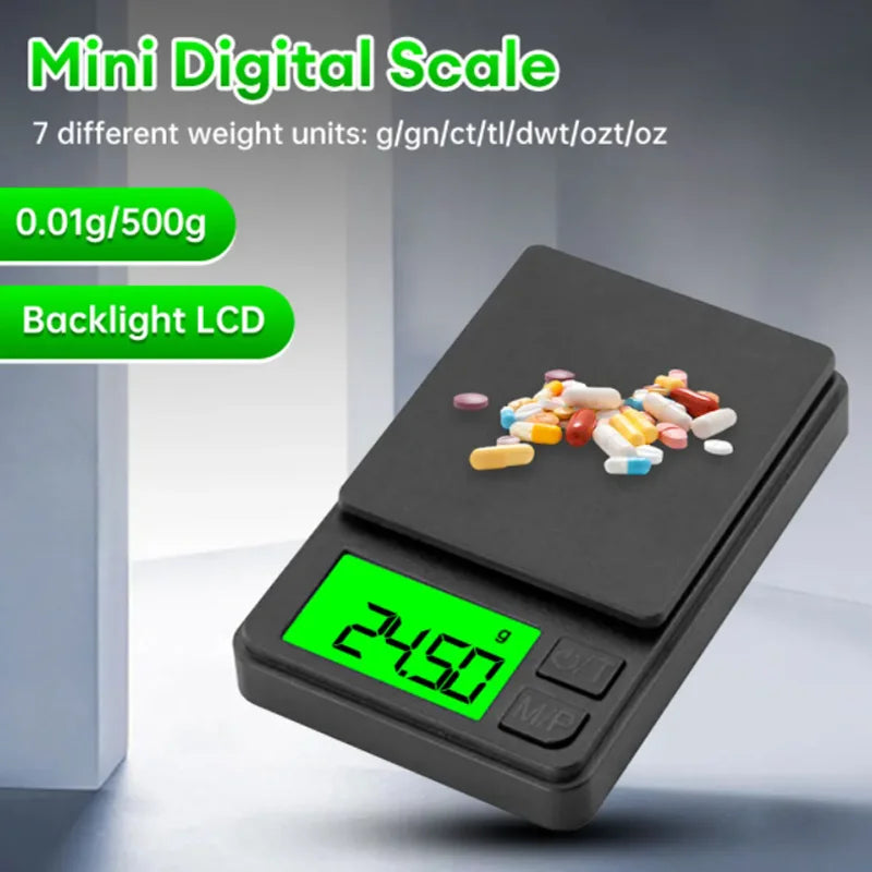 Báscula de bolsillo de precisión 1000 g x 0,01 g - Balanza digital de gramos, alimentos, joyas, onzas/granos con LCD retroiluminado - Mini báscula para viajes