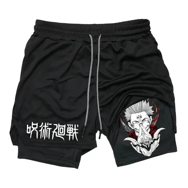 Pantalones cortos deportivos para hombre Jujutsu Kaisen Anime Graphic 2 en 1 pantalones cortos de compresión para hombre pantalones cortos de rendimiento de gimnasio de secado rápido atléticos