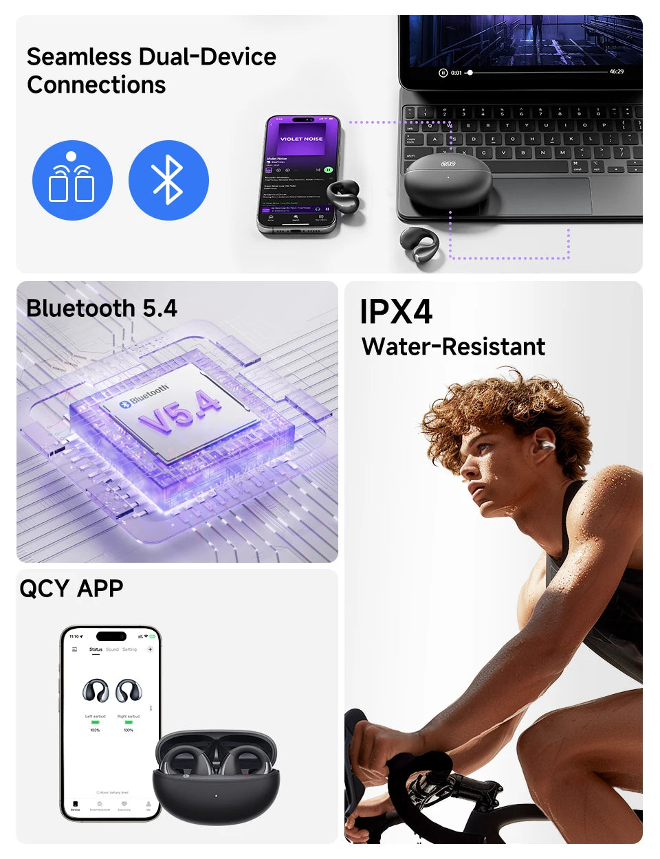 QCY Crossky C30 auriculares con Clip para la oreja Bluetooth 5,4 inalámbricos de oído abierto deportes TWS auriculares de doble conexión