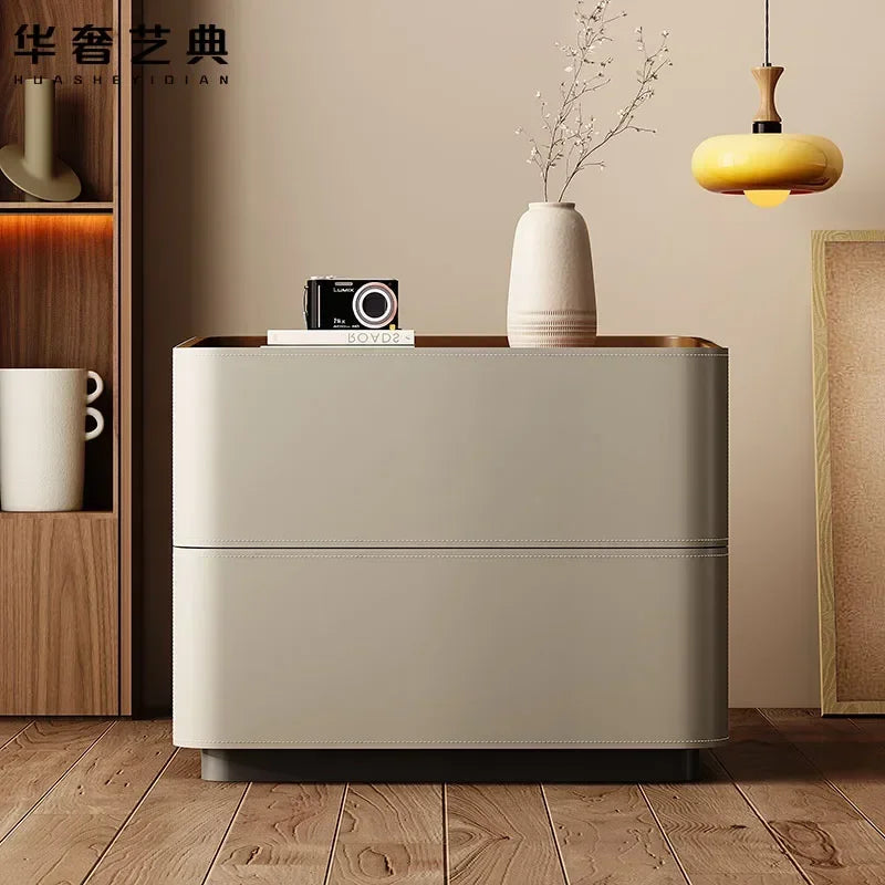 Mesita de Noche de Cuero con Cajones, Almacenamiento Estético para Dormitorio, Mesitas de Noche Modernas de Lujo, Muebles para el Hogar que Ahorran Espacio