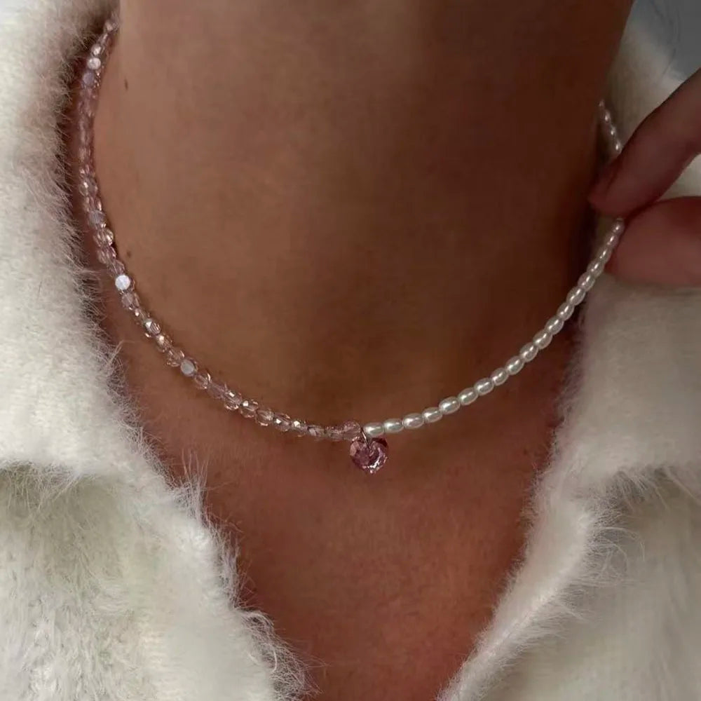 Collar con colgante de cadena con borlas a la moda para mujer, cadena de perlas de imitación y cristal transparente bohemio, joyería, regalo de San Valentín N0538