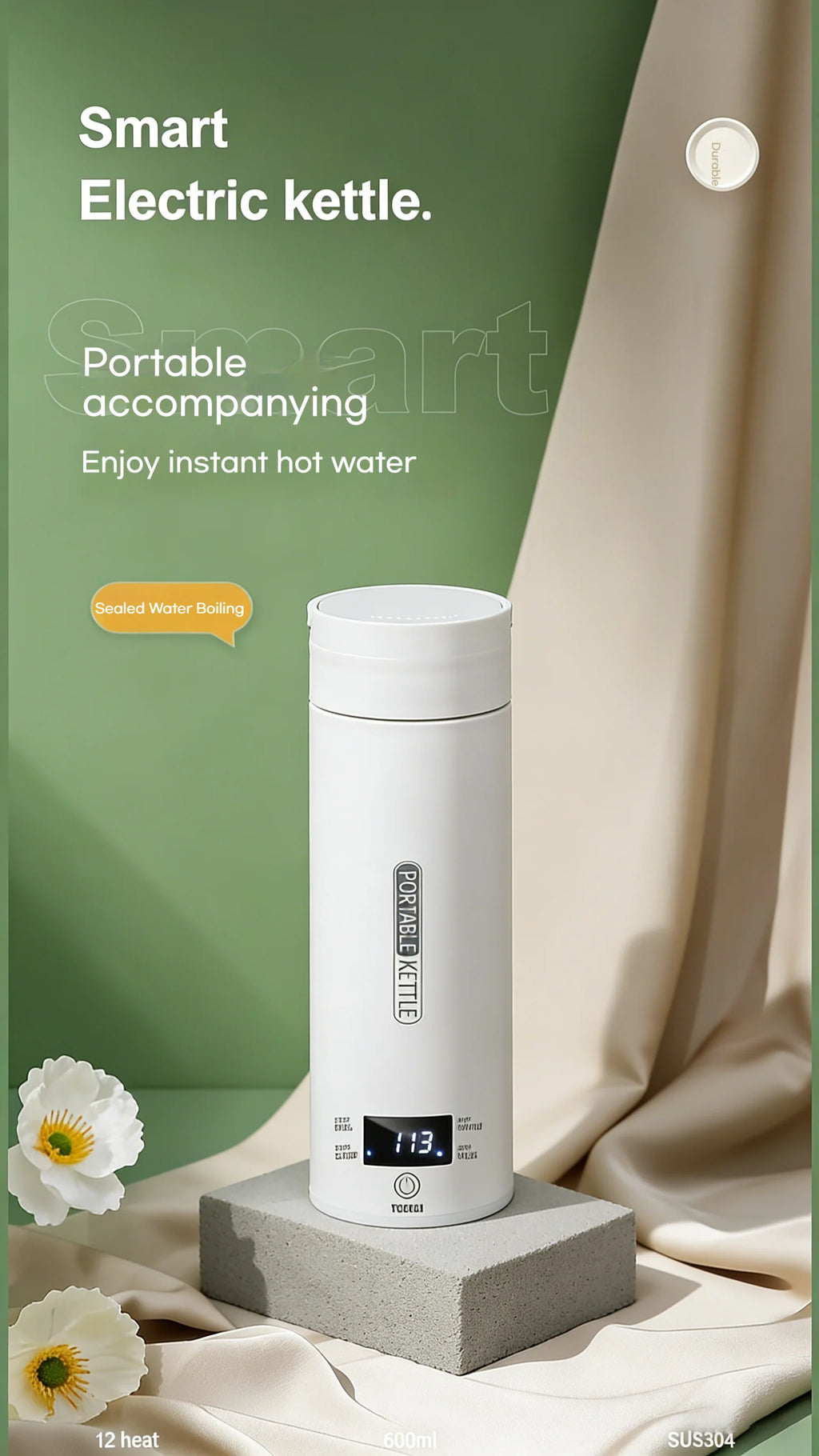 Hervidor Eléctrico Portátil de 450 ml, Taza Térmica para Té y Café, Hervidor de Agua de Viaje, Botella de Agua Anti-Escaldaduras, Menú en Inglés