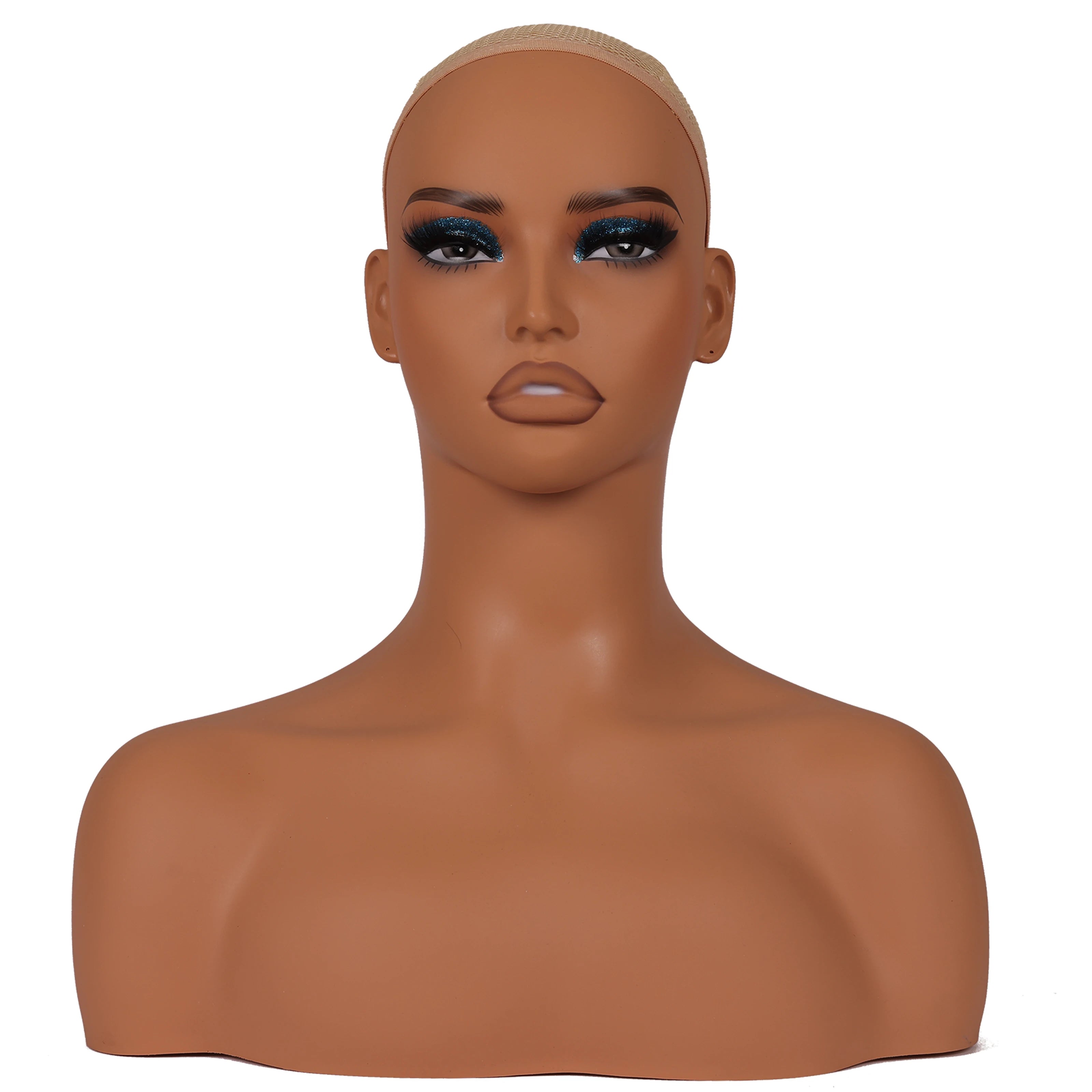 Cabeza de peluca femenina, maniquí de piel marrón claro, maquillaje realista, cabeza de maniquí, soporte para peluca, 1,8 kg/unidad, cabeza simulada de relleno de espuma para pelucas