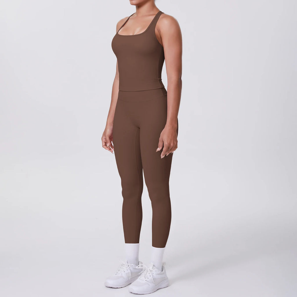 Hamidou - Conjunto de yoga de 2 piezas para mujer: leggings de fitness de secado rápido con efecto push-up y top deportivo con espalda en I de color liso.