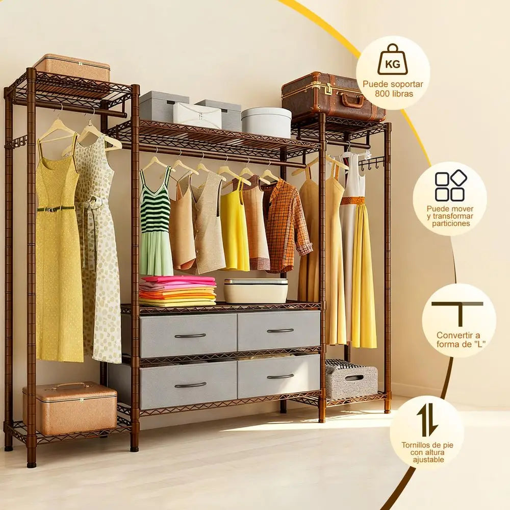 Armario Armable para Ropa con 3 Barras para Colgar, 6 Estantes, 2 Ganchos y 4 Cajones para Guardar Ropa, 144 x 37 x 180 cm, Rack para Ropa