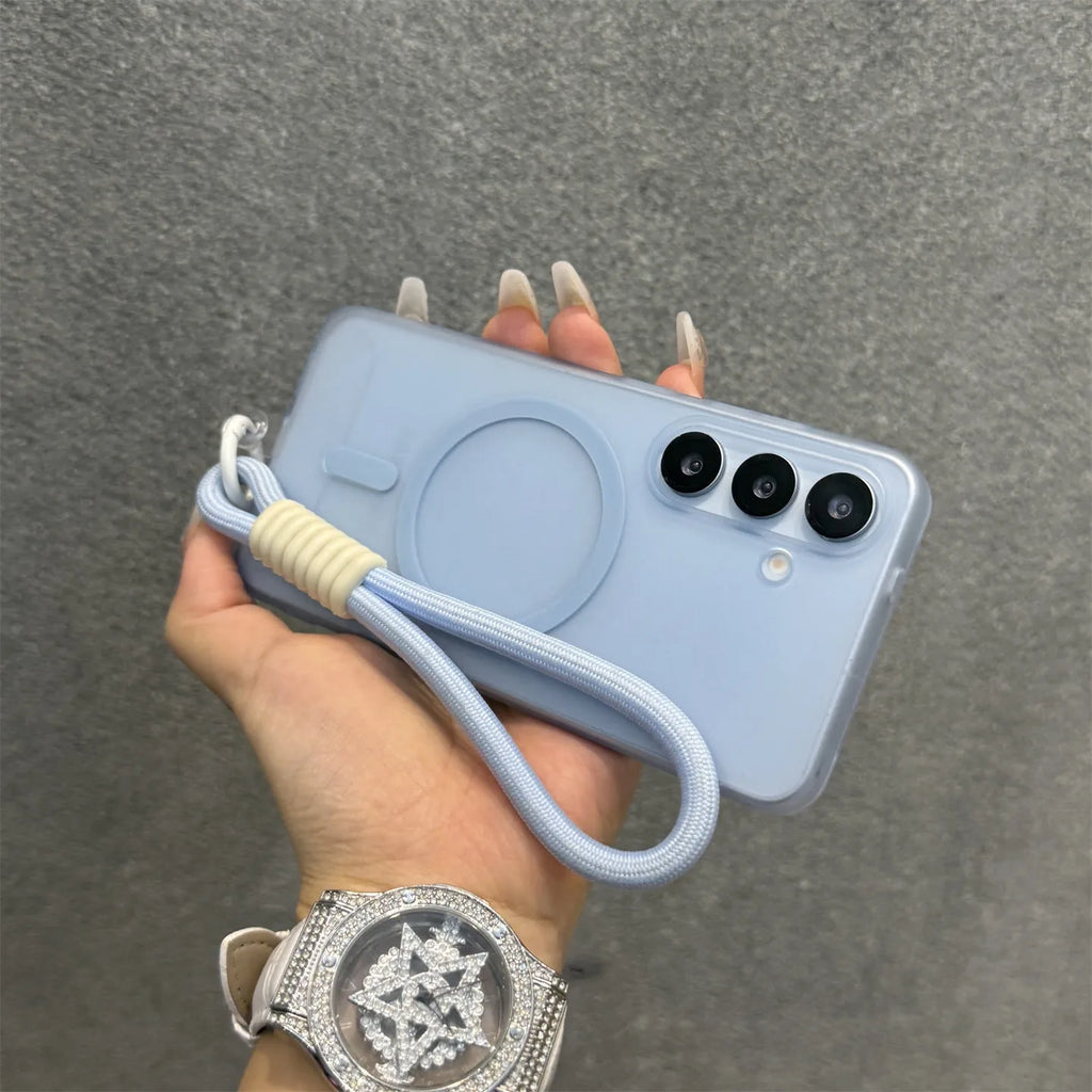 Funda Magnética Mate con Correa para Muñeca para Samsung Galaxy S25 S26 Ultra S22 S23 S24 Plus S21 FE A55 A56 A16 A17, Carcasa Rígida