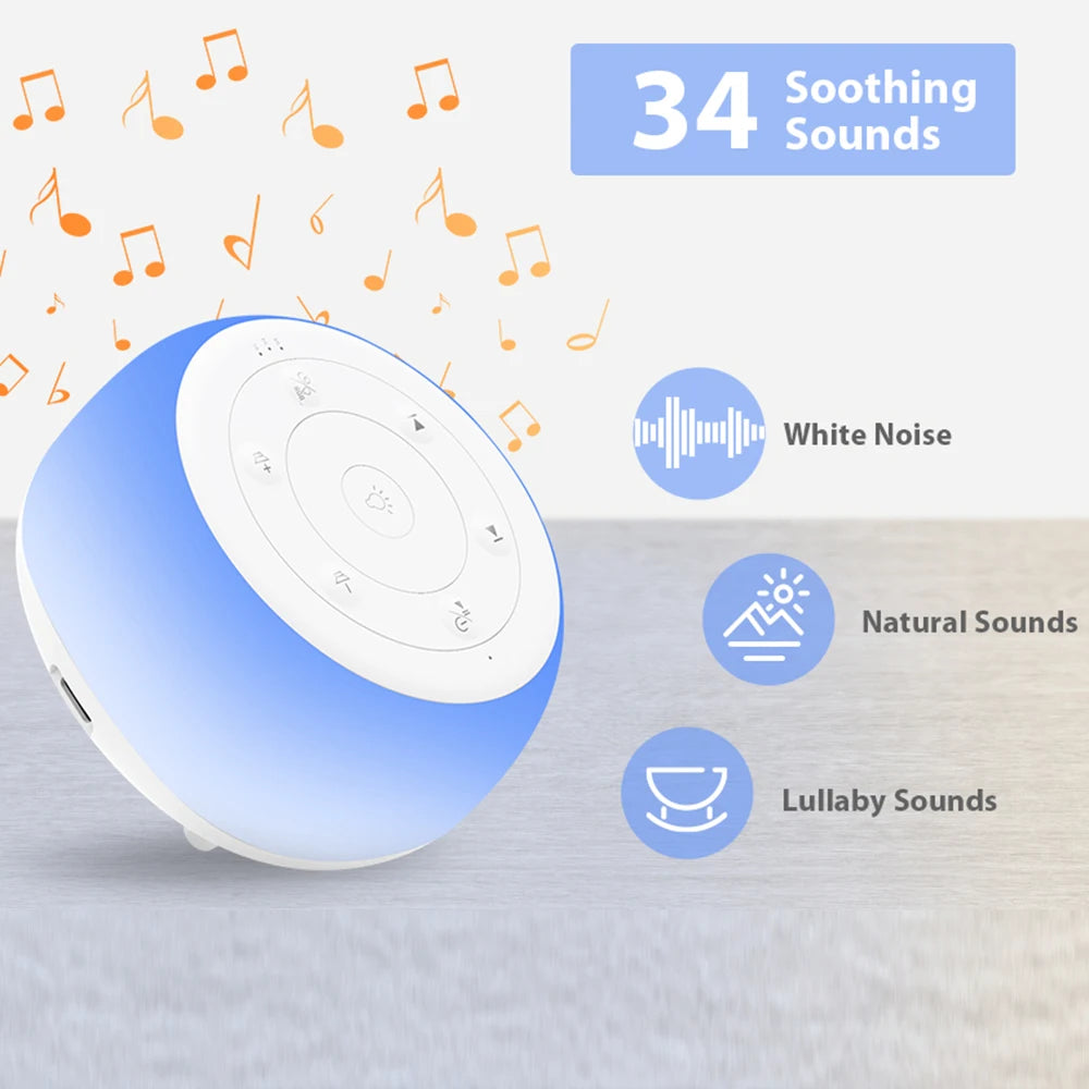 Máquina de sonido de escritorio para dormir y relajarse para bebés, dispositivo de ruido blanco con luces nocturnas de 7 colores