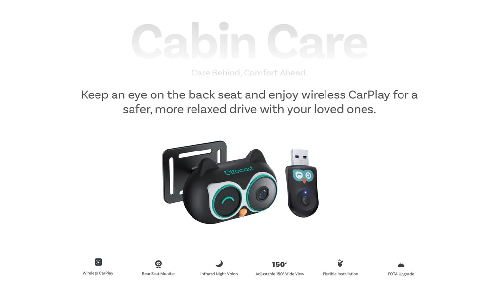 Ottocast Cabin Care Adaptador inalámbrico CarPlay Cámara para coche de bebé 1080P HD 150 °   Monitor de asiento trasero de visión nocturna gran angular para automóvil 98%