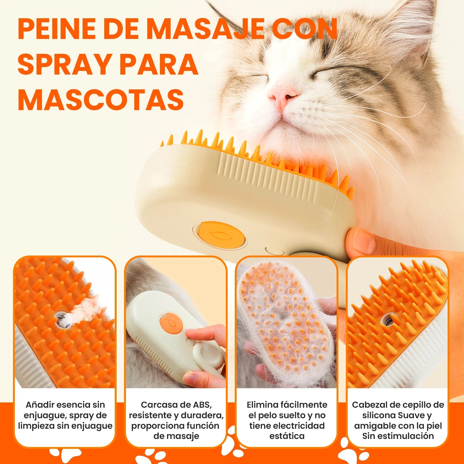 Peine para perros Cepillo de masaje con pulverizador para perros y gatos, cepillo de vapor 3 en 1 con un botón, plegable, giratorio, flotante, para depilación