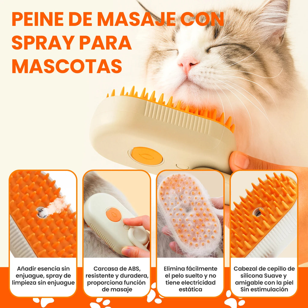 Peine para perros Cepillo de masaje con pulverizador para perros y gatos, cepillo de vapor 3 en 1 con un botón, plegable, giratorio, flotante, para depilación