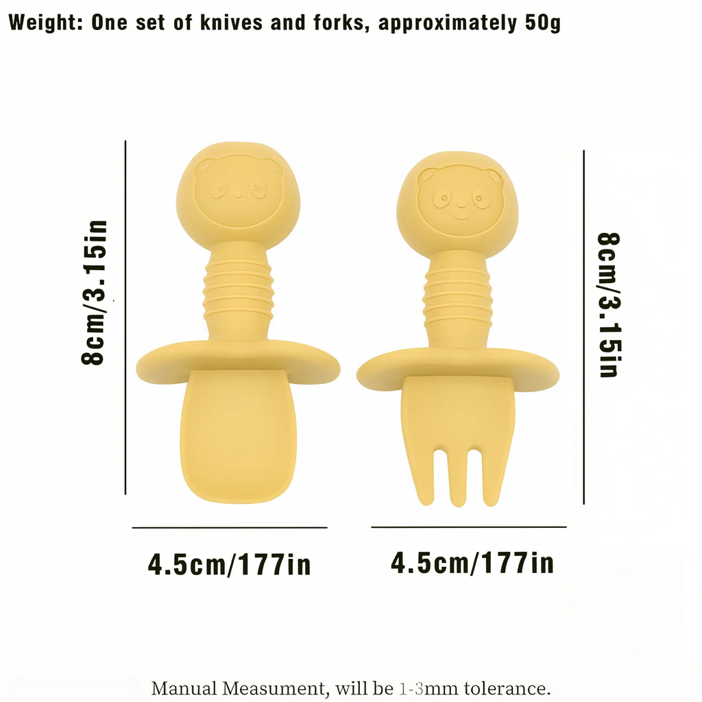 2 piezas de cubiertos de silicona con mango de madera de grado alimenticio para niños, cuchara y tenedor para entrenamiento de bebés, cuchara para alimentación complementaria, cuchara y tenedor para alimentación de bebés