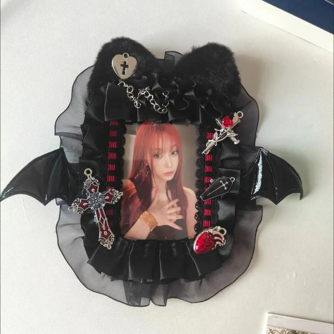 Portafoto de la serie Ins Dark para Kpop, diseño de ángel y murciélago, bolsa para tarjetas fotográficas, colgante, soporte para insignias, decoración con encaje para Itabag