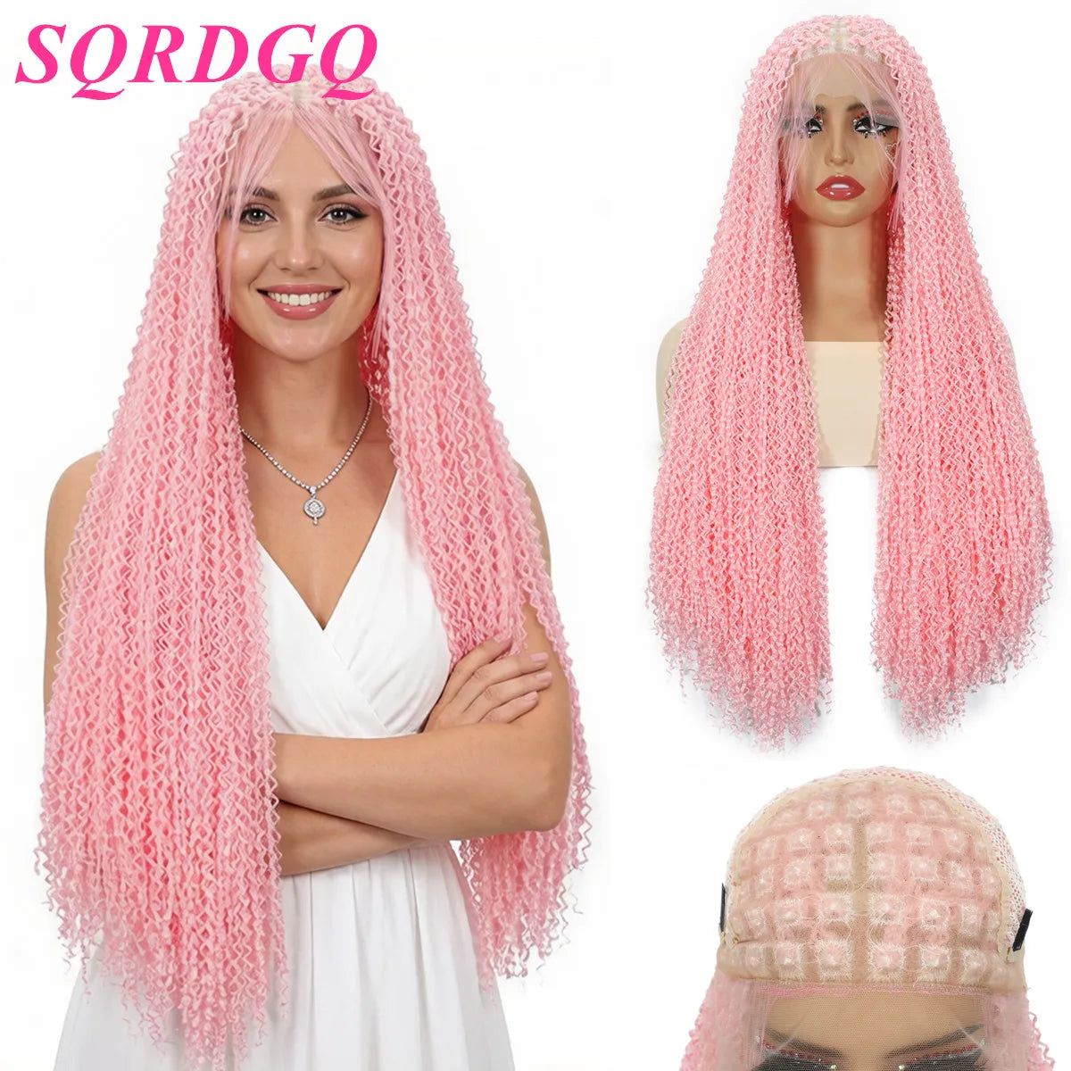 SQRDGQ Peluca de Cabello Sintético Rosa para Mujer, Pelucas Trenzadas Rizadas Profundas para Mujer, Peluca con Frente de Encaje 13*6 con Cabello de Bebé, Pelucas Baratas en Oferta