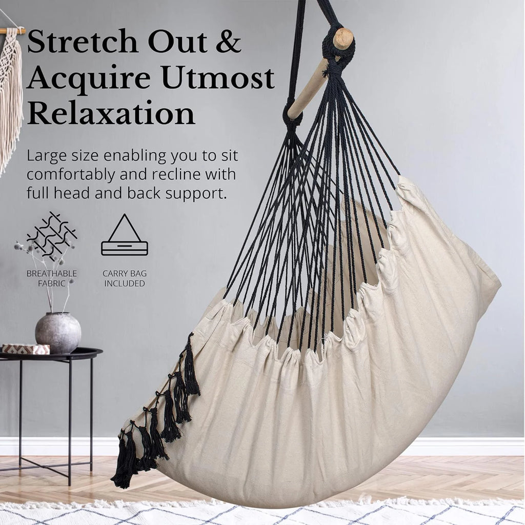 Silla Colgante de Macramé con 2 Almohadas |   Columpio de Cuerda de Algodón con Capacidad para 500 lb |   Diseño de bolsillo para uso en interiores/exteriores
