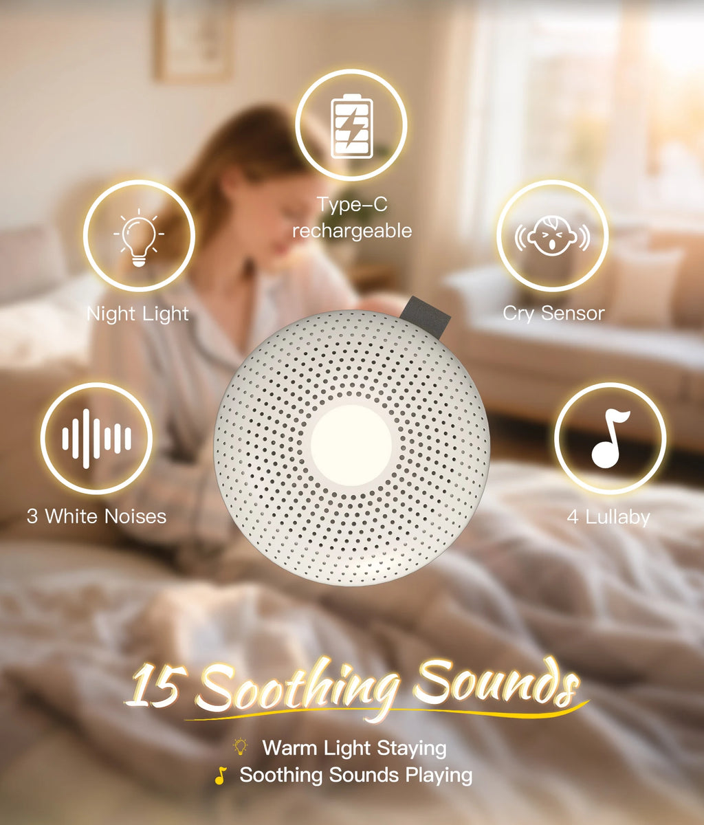 Ayuda portátil para dormir, máquina de ruido blanco para bebés y adultos con 15 sonidos, detección inteligente de llanto, temporizador de luz nocturna, regalo para recién nacidos