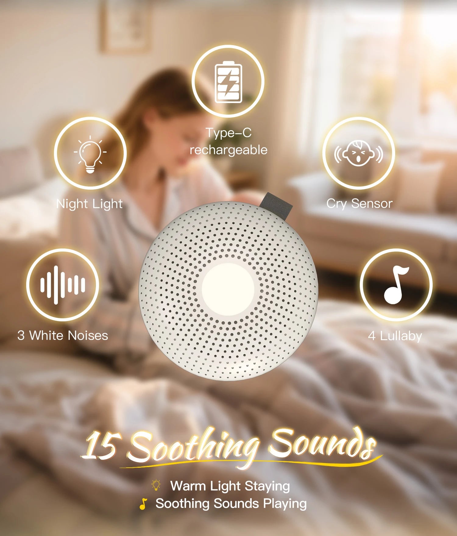 Ayuda portátil para dormir, máquina de ruido blanco para bebés y adultos con 15 sonidos, detección inteligente de llanto, temporizador de luz nocturna, regalo para recién nacidos