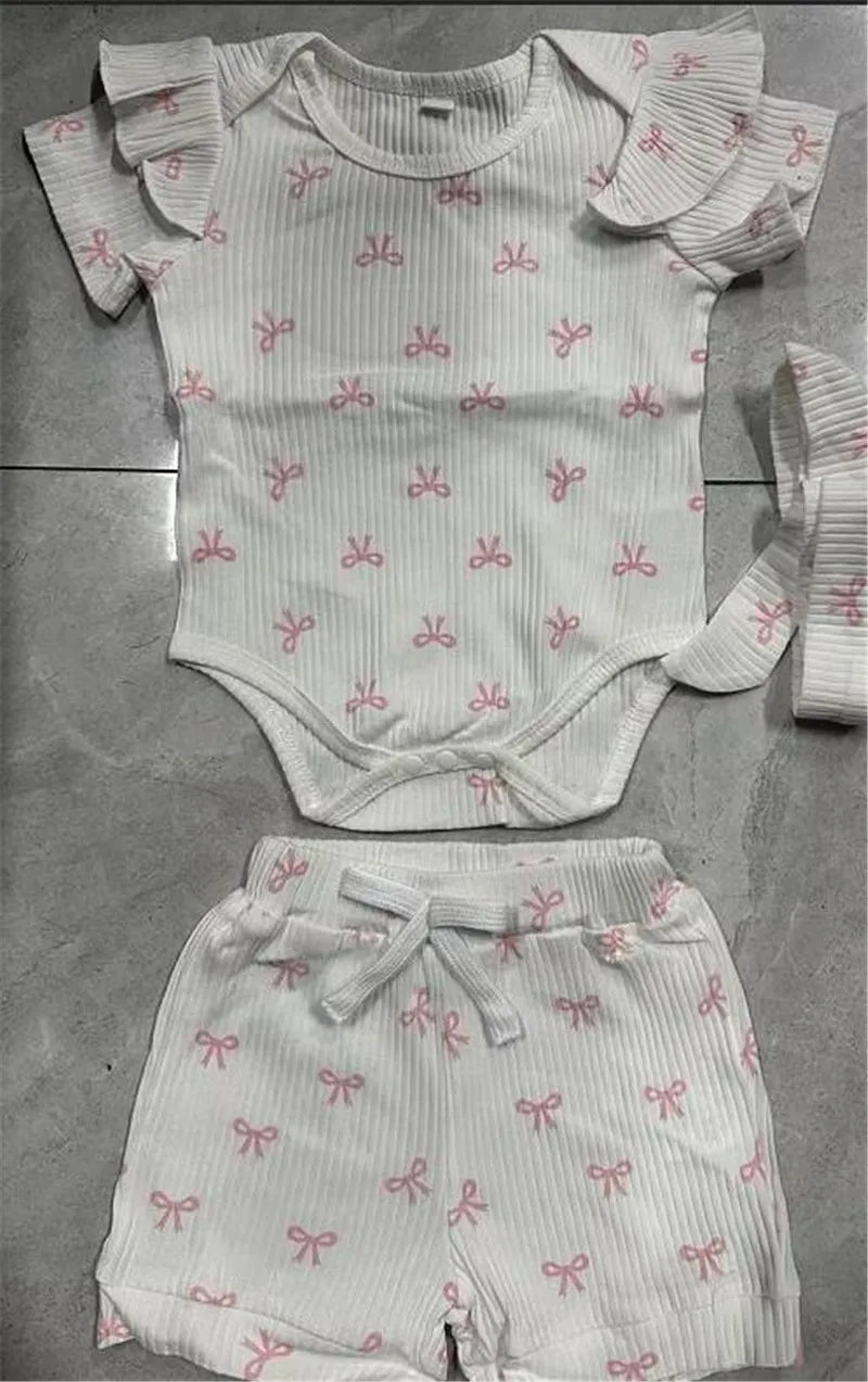 Conjuntos de verano para niña de 0 a 18 meses, pelele de manga corta con estampado de lazo, pantalones cortos de cintura elástica y diadema, conjunto de 3 uds.