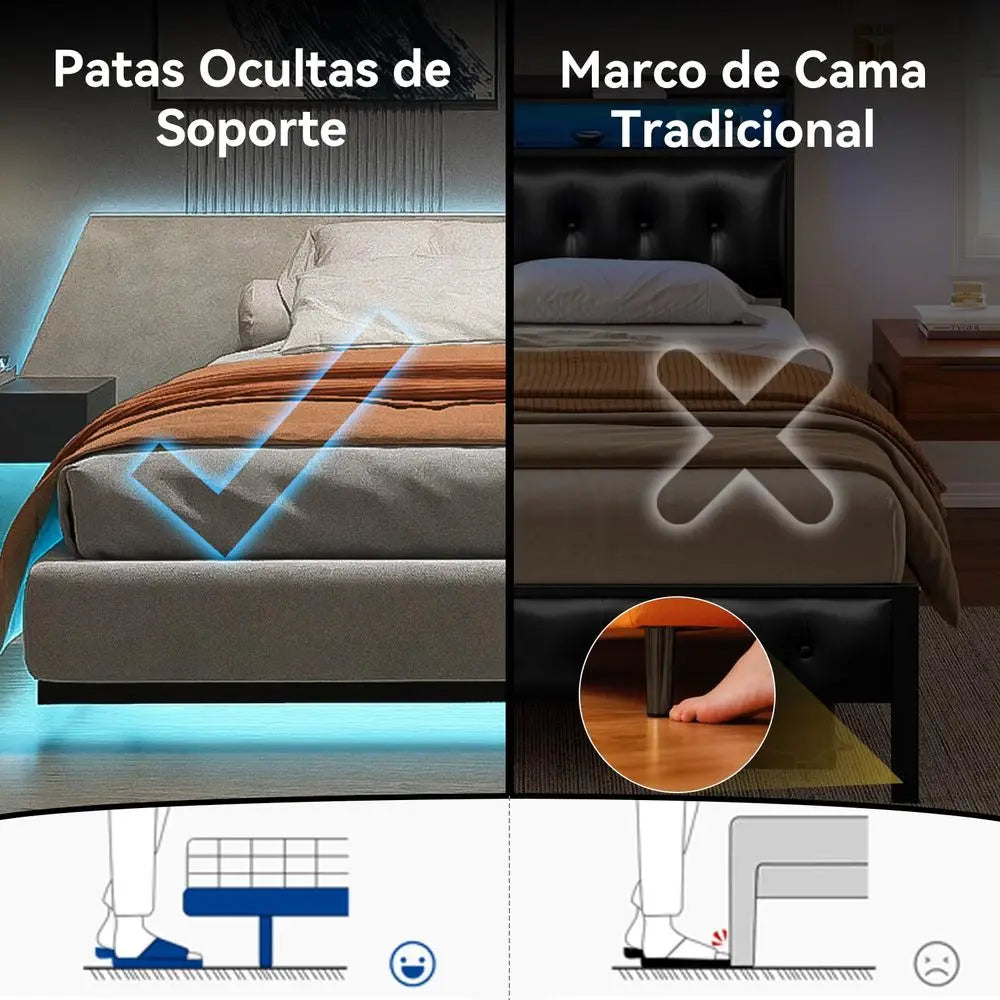 Base de Cama Matrimonial Flotante con Luces LED Ajustables, Regleta de Enchufes con USB, Plataforma de Metal con Listones de Acero