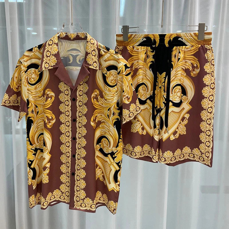 Conjuntos de camisa hawaiana Social de lujo para hombre, Top de manga corta con solapa a la moda, pantalones cortos, traje de 2 piezas, traje informal holgado para hombre