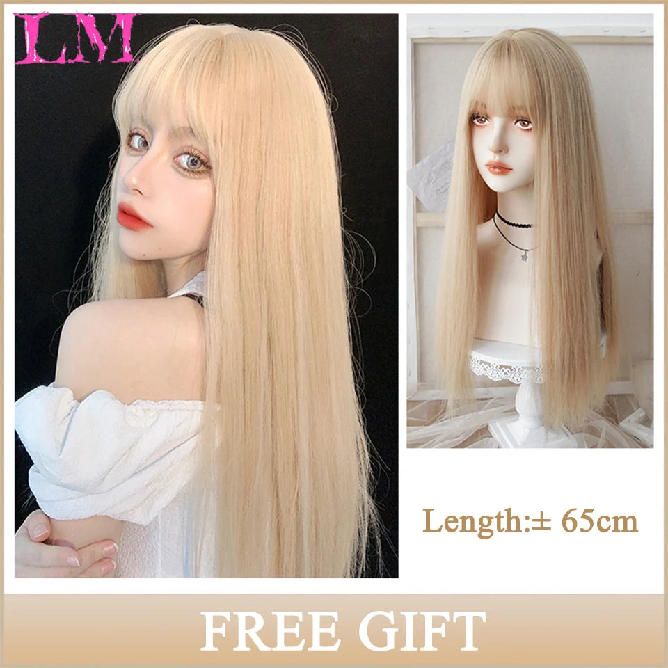 Pelucas sintéticas largas y rectas LM, color azul claro con reflejos de ceniza, peluca de Cosplay con flequillo para mujeres, pelo Natural, fibra resistente al calor