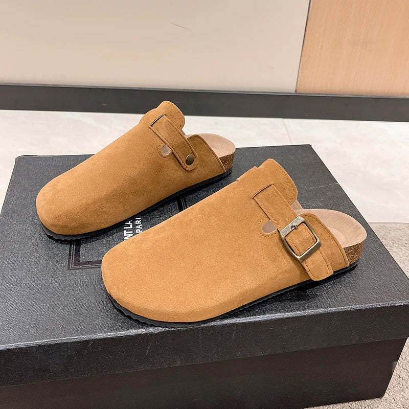 Sandalias de medio arrastre, zuecos para mujer, zapatillas de gamuza de corcho a la moda, zapatillas clásicas antideslizantes de corcho para exteriores con arco