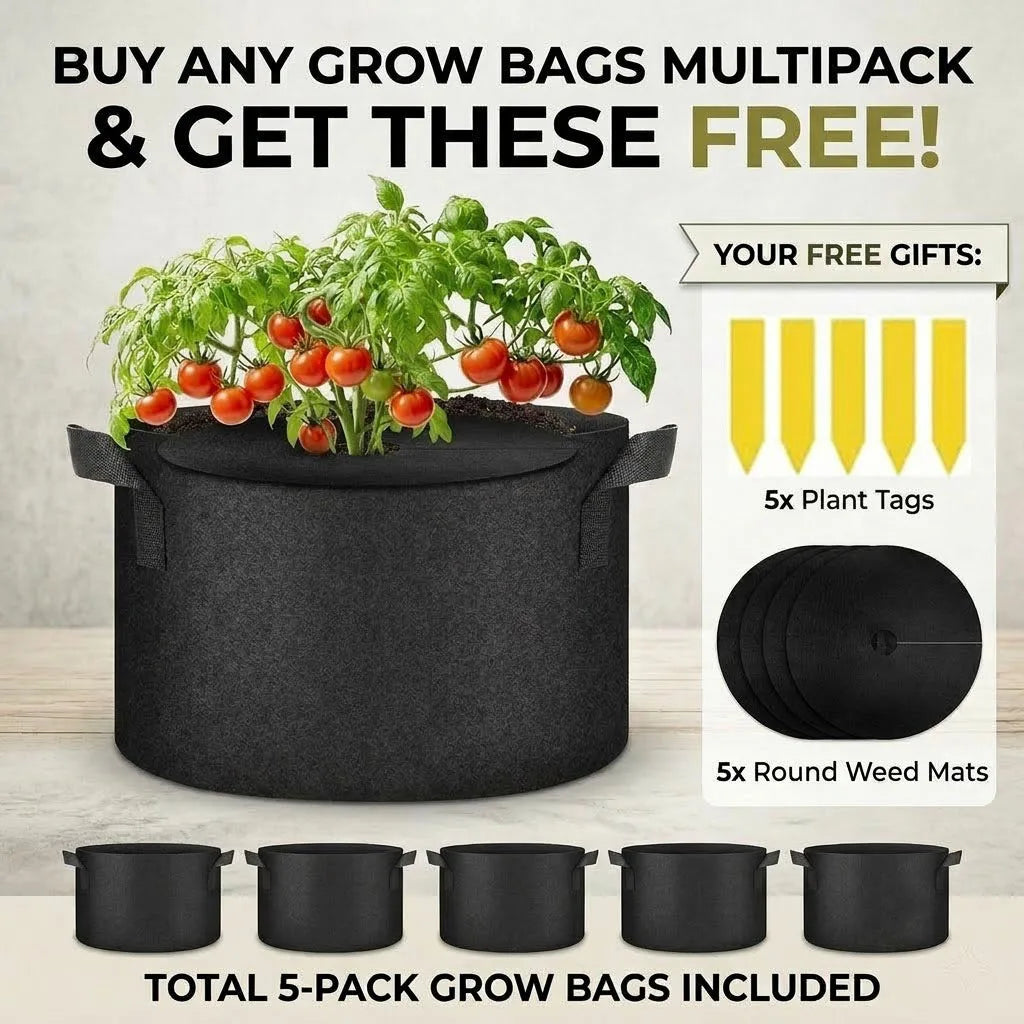 Paquete de 5 Bolsas de Cultivo de Tela + Alfombrillas Antihierbas y Etiquetas Gratis, Macetas de Tela No Tejida para Tomates, Fresas y Vegetales, Macetas de Poda Aérea Tamaños S/M/L/XL/2XL/3XL