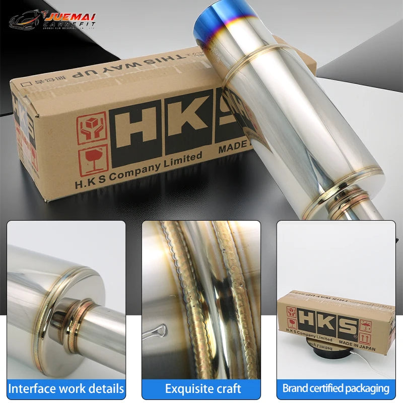 Tubo de escape de coche, piezas modificadas, silenciador HKS, tubo de escape recto, salida Universal 89MM, plata brillante, azul, acero inoxidable 51 63 76mm apto