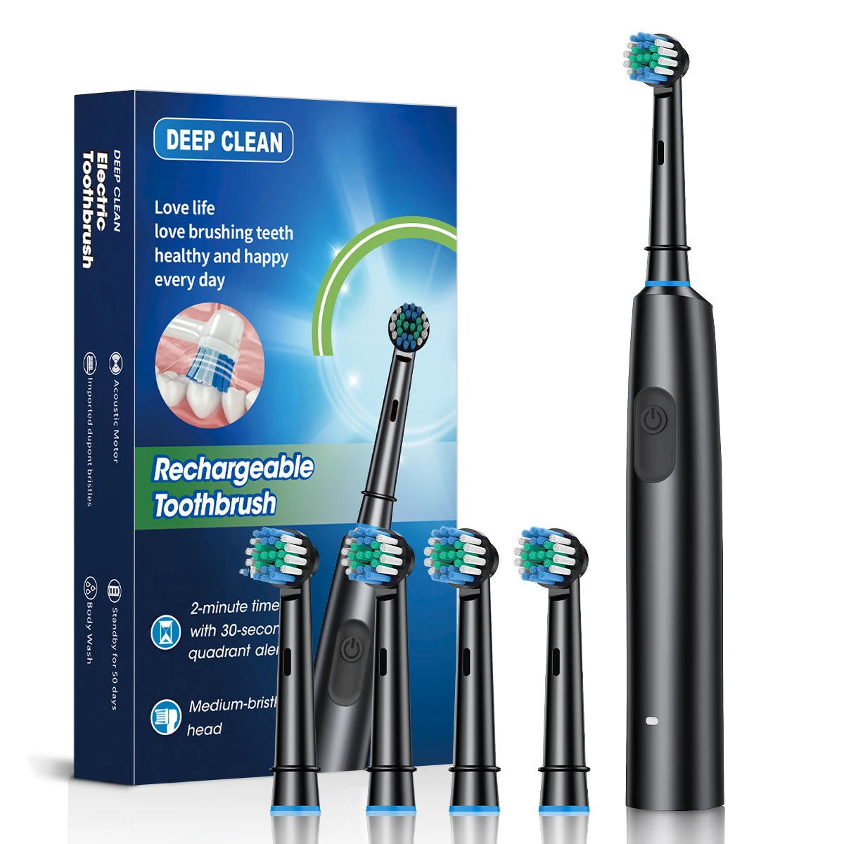 Cepillo de dientes eléctrico giratorio para limpieza profunda y blanqueamiento de dientes para adultos, cepillo de dientes recargable con cabezales de repuesto de 4/8 piezas