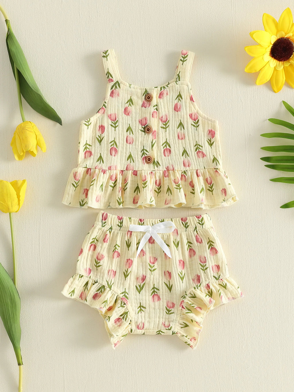 Lioraitiin Conjunto de verano para niñas con estampado floral de tulipanes, sin mangas, cuello cuadrado, camisetas sin mangas, pantalones cortos elásticos con volantes, conjunto de 2 piezas