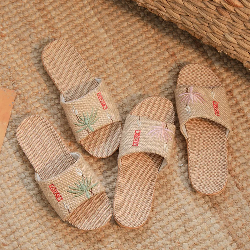 Zapatillas de lino antideslizantes para mujer, sandalias bordadas para el hogar, interior, Verano