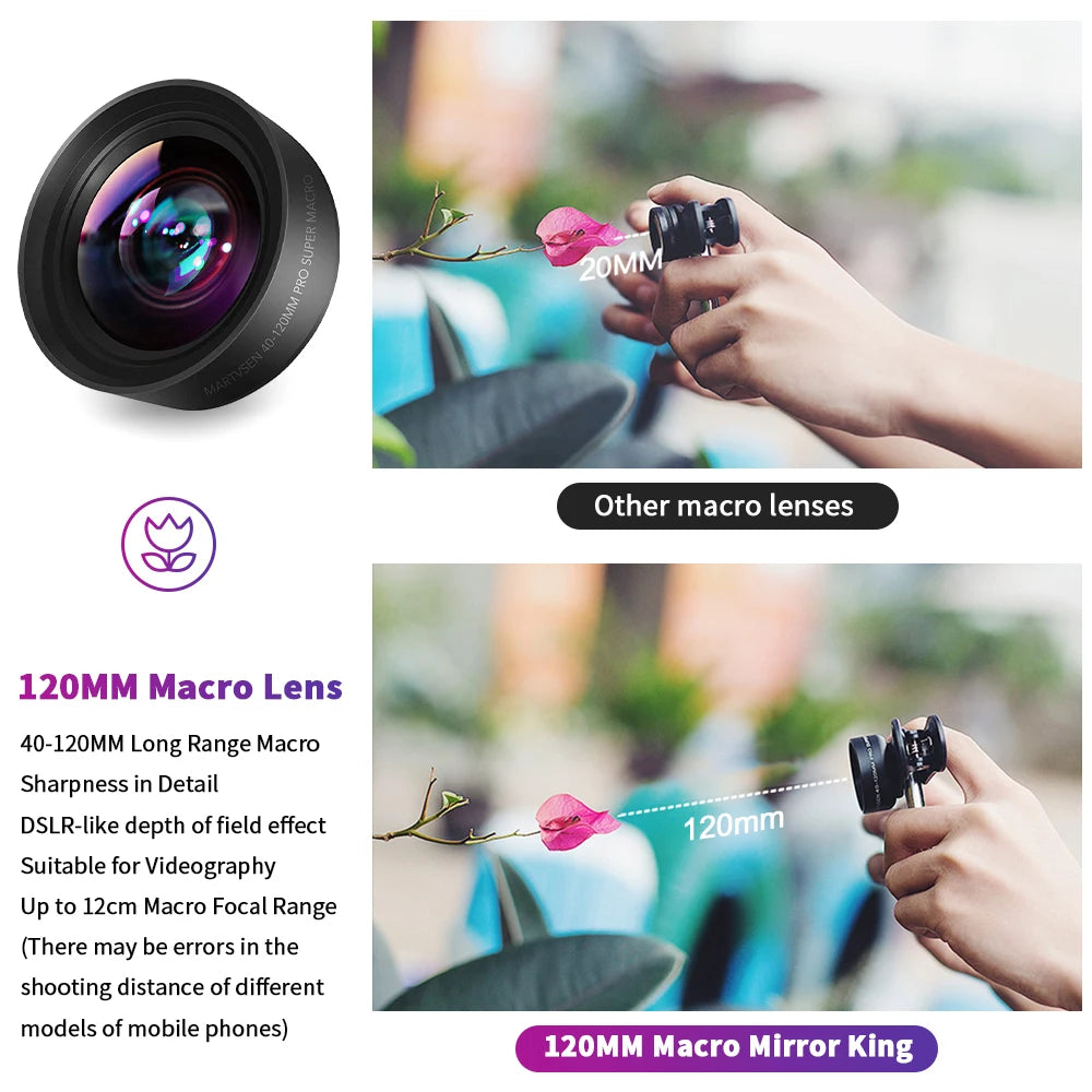 MARTVSEN Lente macro de 120 mm, lente fotográfica de cámara con clip universal súper macro profesional 5K HD 10x para iPhone Samsung Android