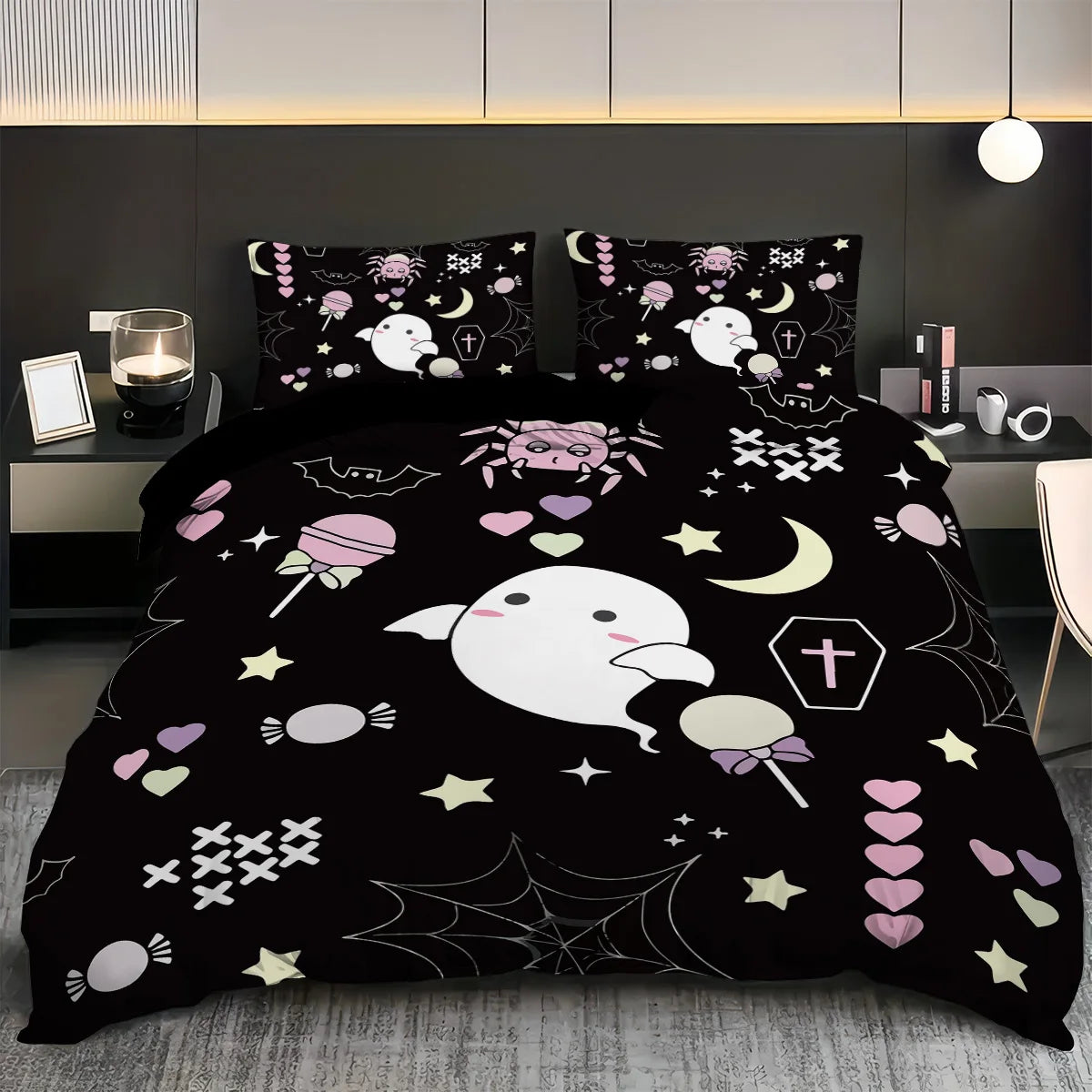 Juego de ropa de cama con estampado de fantasma para Halloween, sin núcleo, para dormitorio, sala de estar, dormitorio, varios tamaños, lavable a máquina, 3 uds.