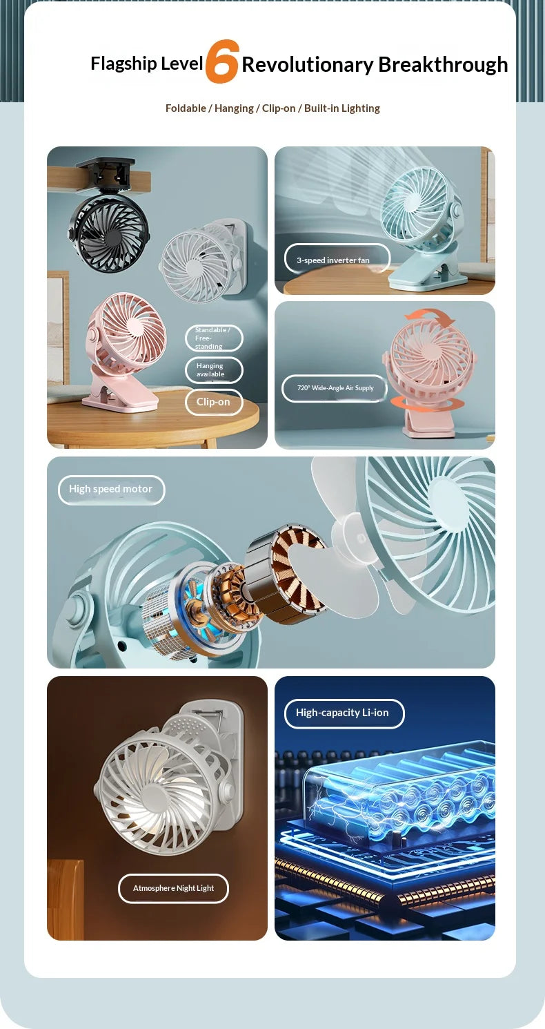Ventilador Portátil Recargable con Clip HOMEFISH 720 °   Ventilador Colgante Giratorio con Luz Nocturna, Enfriador de Aire para Acampar al Aire Libre