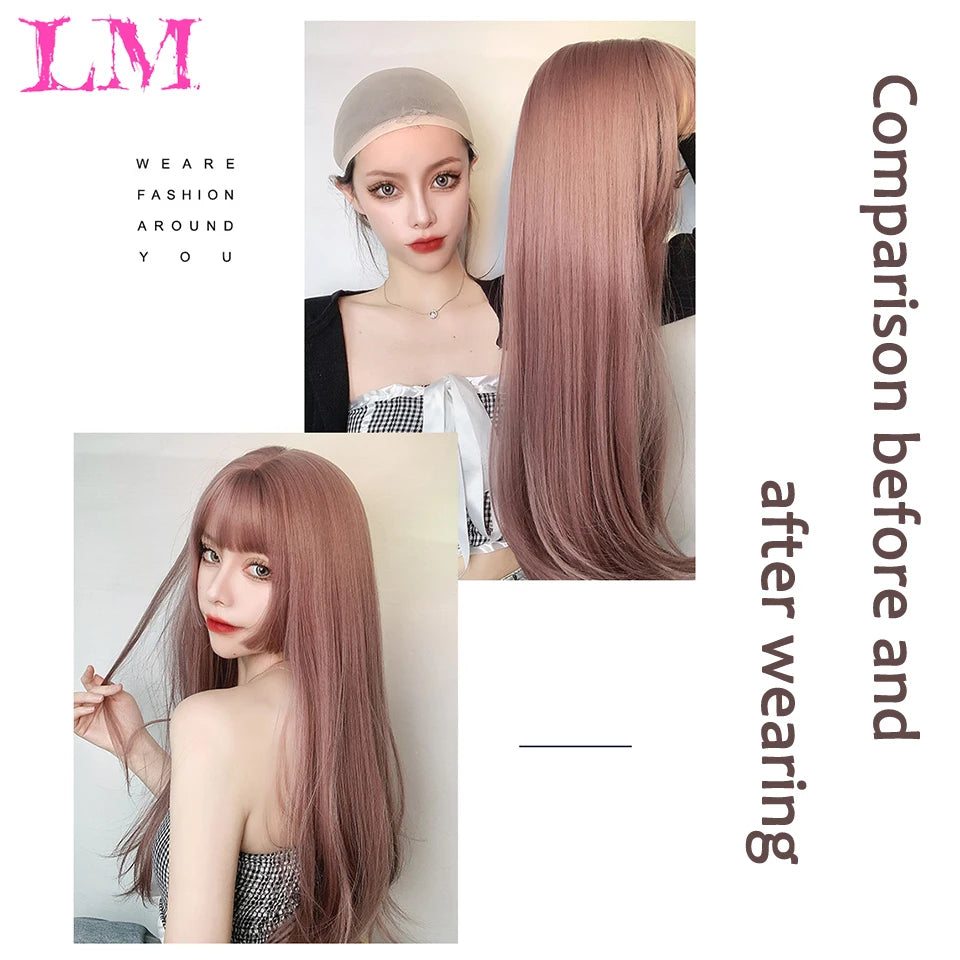 Pelucas sintéticas largas y rectas LM, color azul claro con reflejos de ceniza, peluca de Cosplay con flequillo para mujeres, pelo Natural, fibra resistente al calor