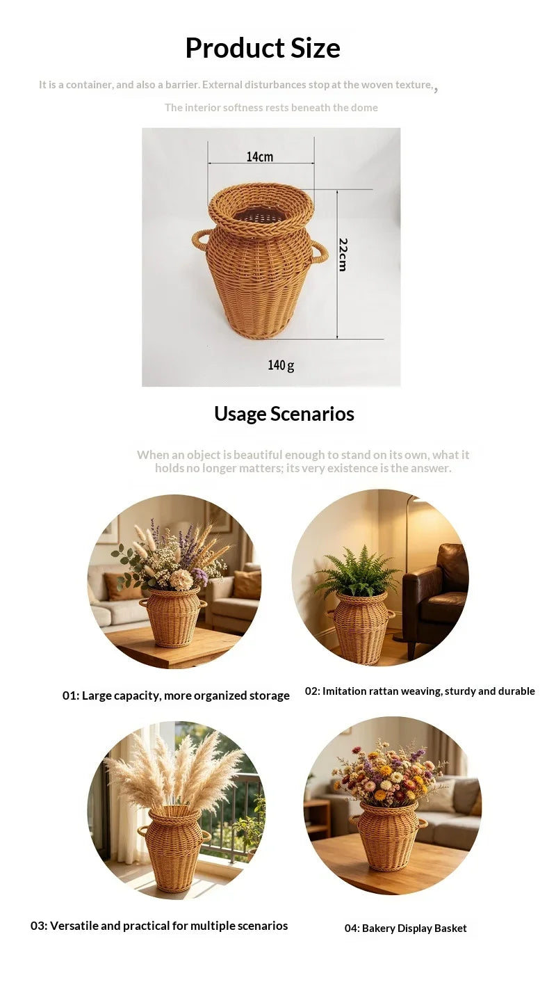 Jarrón de Ratán Tejido a Mano con Asas, Estilo Boho, Maceta Decorativa para Arreglos Florales de Interior y Decoración del Hogar