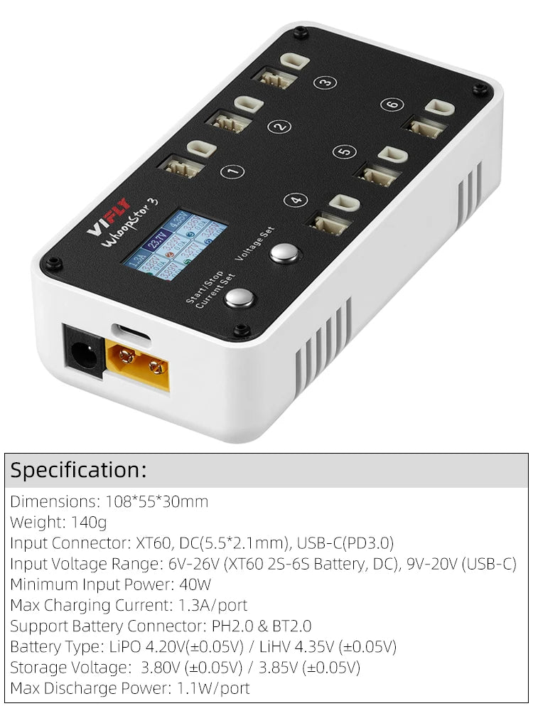 VIFLY-cargador de batería WhoopStor 3 V3, 6 puertos, 1S, LIPO, LiHV, descargador de almacenamiento, TYPE-C LCD, TX60 DC, para RC FPV, BT2.0, PH2.0, nuevo