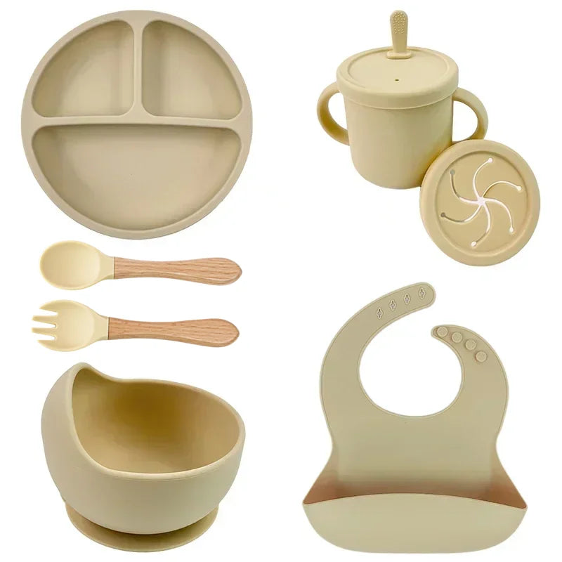 Juego de alimentación de bebé de silicona sin BPA, cuenco con ventosa, plato de comedor, taza de paja, cuchara, tenedores para niños, vajilla para bebés, platos para niños