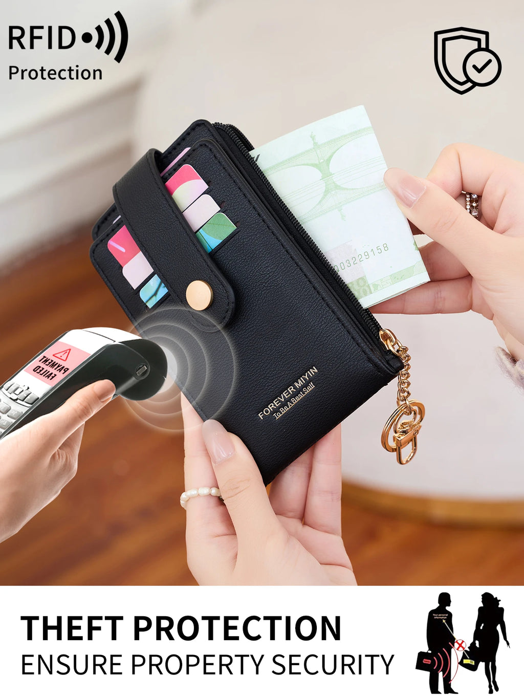 Elegante tarjetero plegable vertical, cartera ultrafina para mujer, tarjetero plegable, monedero con cremallera, bolso de mano con llavero