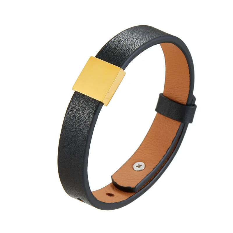 Pulseras de identificación ajustables de acero inoxidable, brazaletes de piel de vaca tallada personalizados gratis, correas de muñeca de cuero DIY para hombres y mujeres