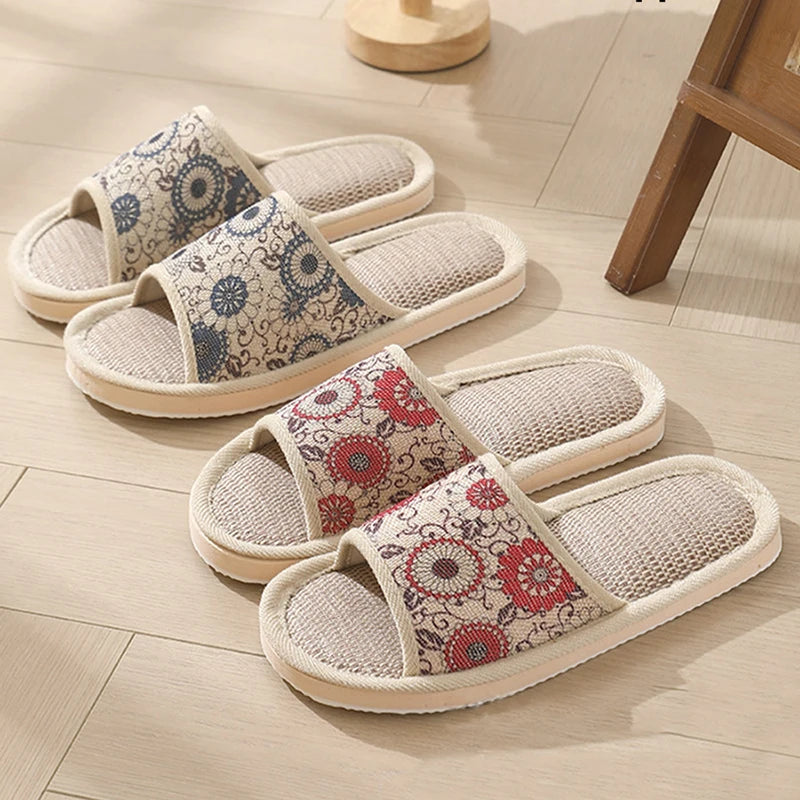 Otoño Invierno zapatillas de suelo para mujer Retro de lino con punta abierta EVA sandalias casuales de fondo grueso zapatillas de interior para parejas zapatos